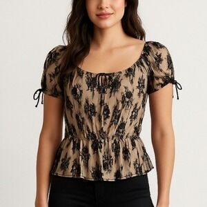 Guess Peplum‎ Blouse Women's SMALL Black Floral Lace Romantic Rose Titanic